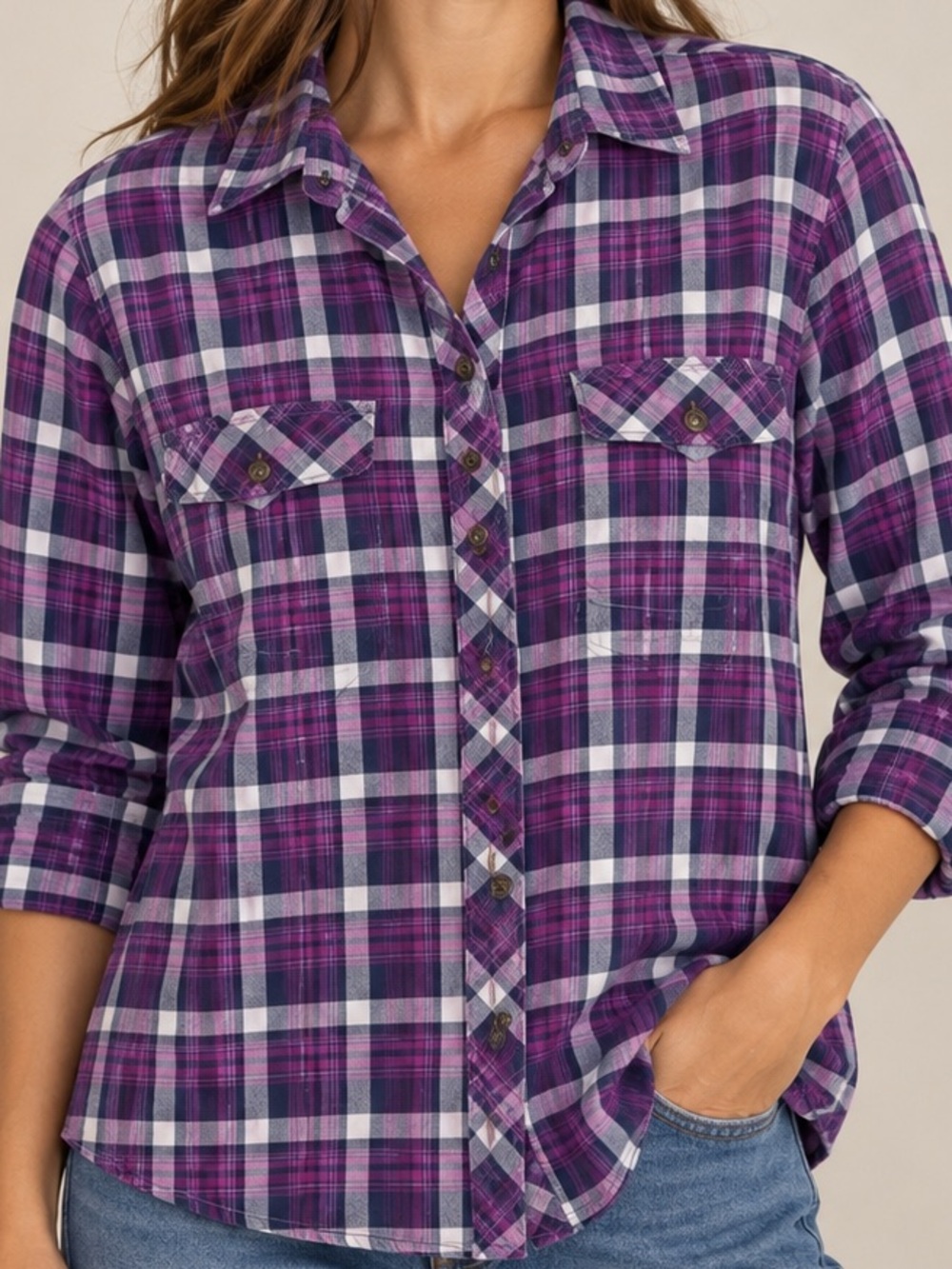 Eddie Bauer Purple Plaid Button-Down Shirt